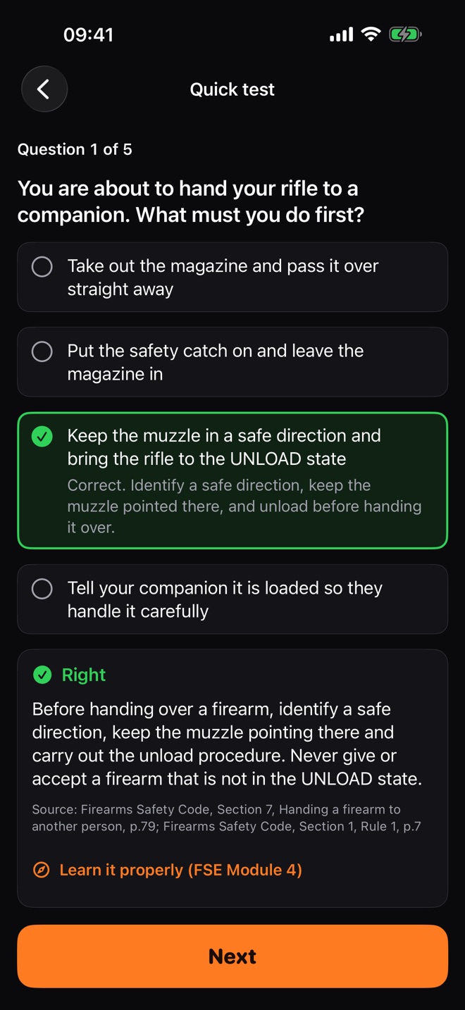 A quick-test question answered right, with the explanation and its source in the Firearms Safety Code.