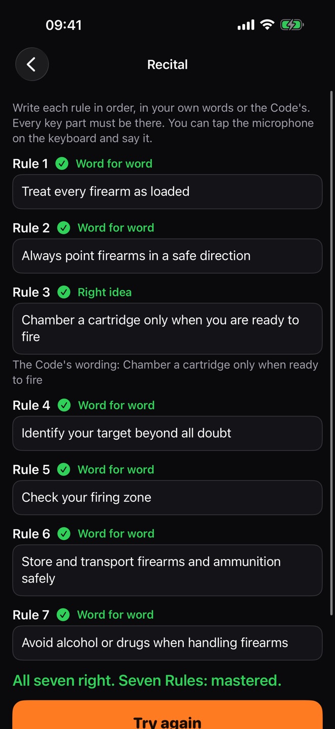 The recital screen: seven rules typed in, each marked word for word, rule 3 marked right idea with the Code's wording underneath, and the line All seven right.