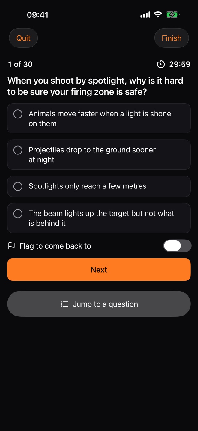 A timed mock on question 1 of 30, with the timer, four answers, a switch to flag the question and a menu to jump to any other.