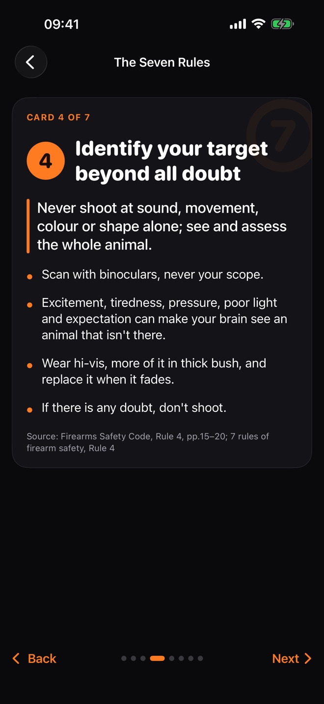 A recap card for one of the seven rules: the rule number in an orange circle, the key sentence highlighted, then bullet points and the source.