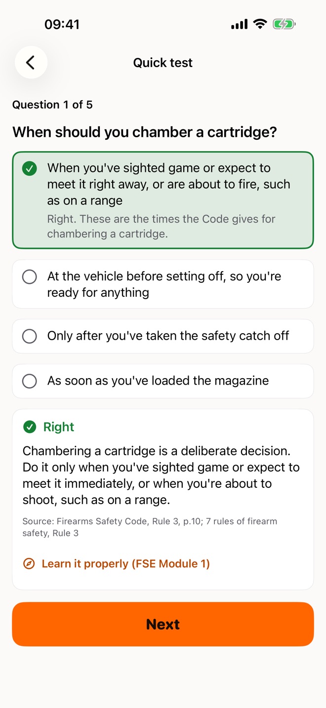 A quick-test question answered right, with the explanation and its source in the Firearms Safety Code.