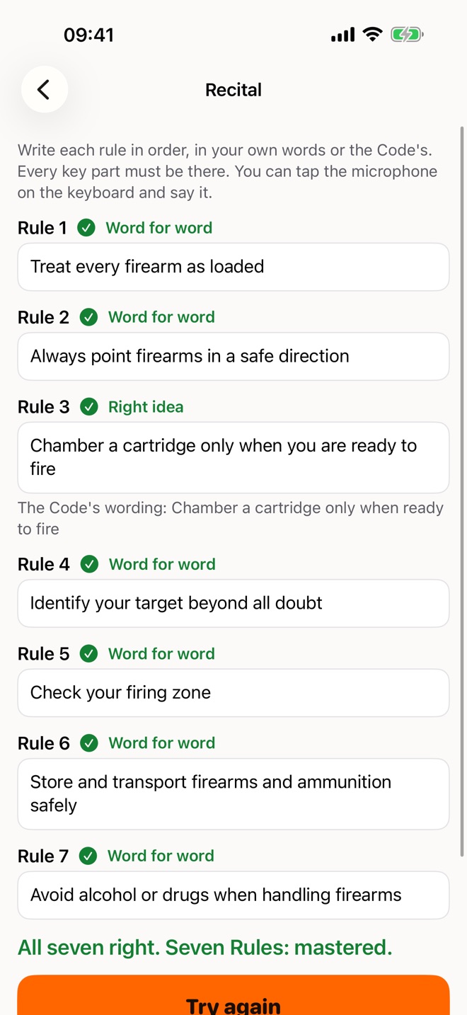 The recital screen: seven rules typed in, each marked word for word, rule 3 marked right idea with the Code's wording underneath, and the line All seven right.