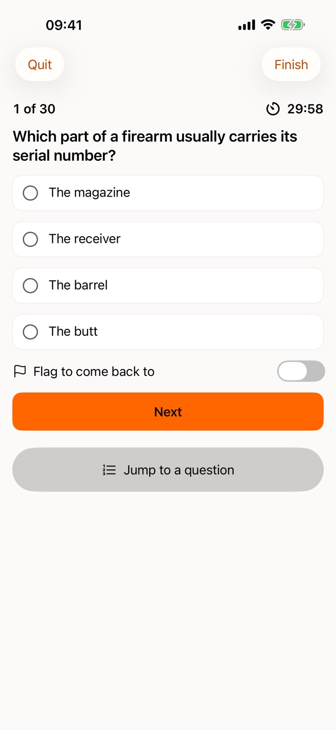A timed mock on question 1 of 30, with the timer, four answers, a switch to flag the question and a menu to jump to any other.