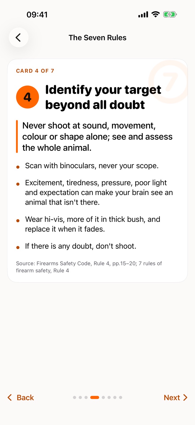 A recap card for one of the seven rules: the rule number in an orange circle, the key sentence highlighted, then bullet points and the source.