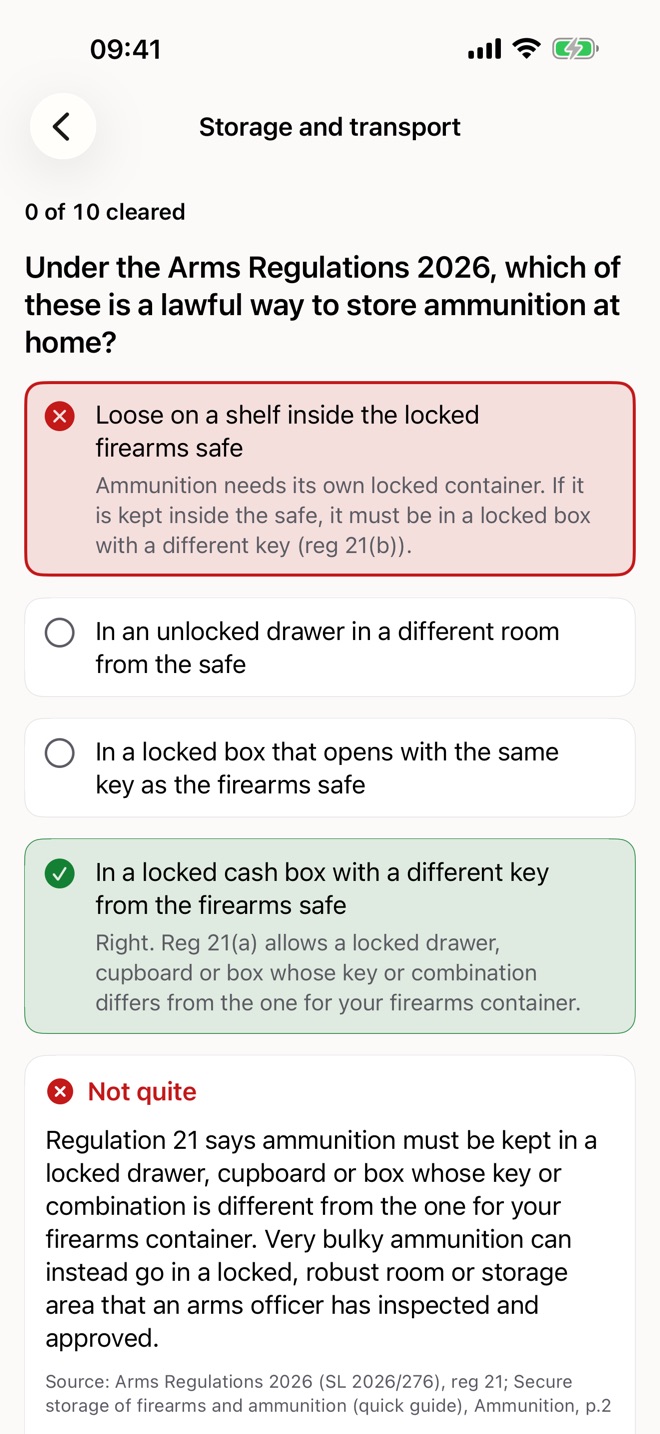A drill question answered wrong, marked Not quite, with why the chosen answer is wrong and the right one shown.