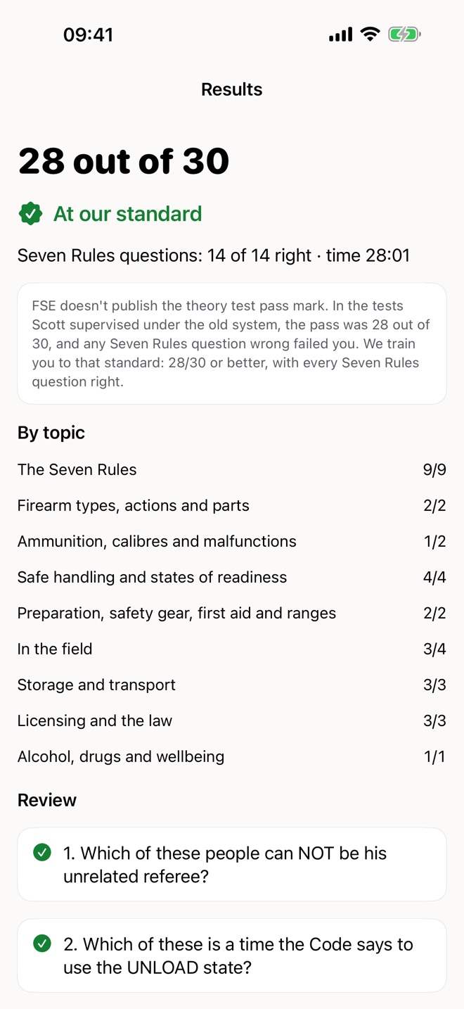 Mock results: 28 out of 30, At our standard, Seven Rules questions all right, the time taken, and the attributed pass-mark note.
