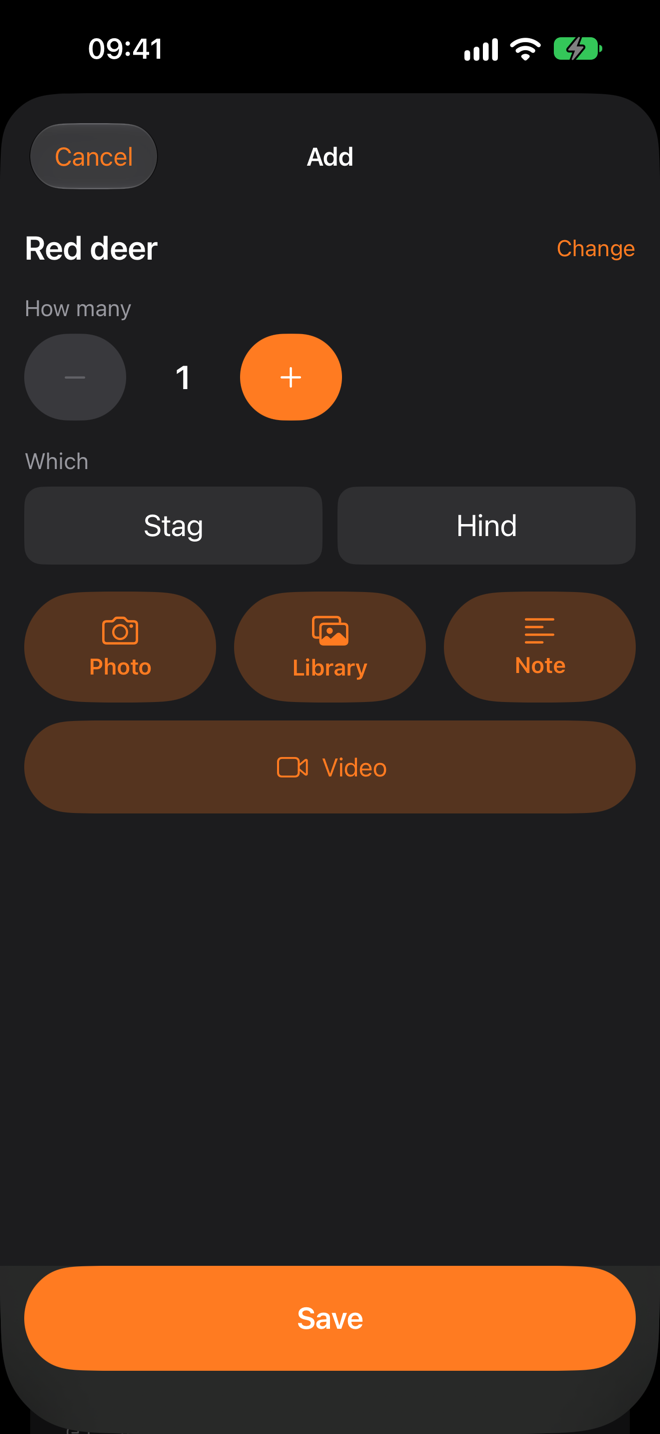 The entry form for a red deer: a count stepper at 1, Stag and Hind buttons, and Photo, Library, Note and Video buttons, with Save at the bottom.