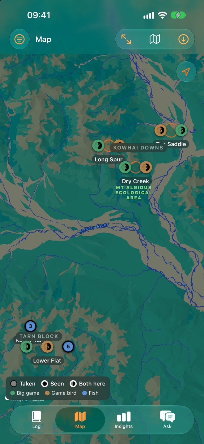 The Map tab over hill country: pins coloured by species module at spots named Long Spur, Dry Creek and The Saddle in an area labelled Kowhai Downs, with a legend for taken, seen and both.