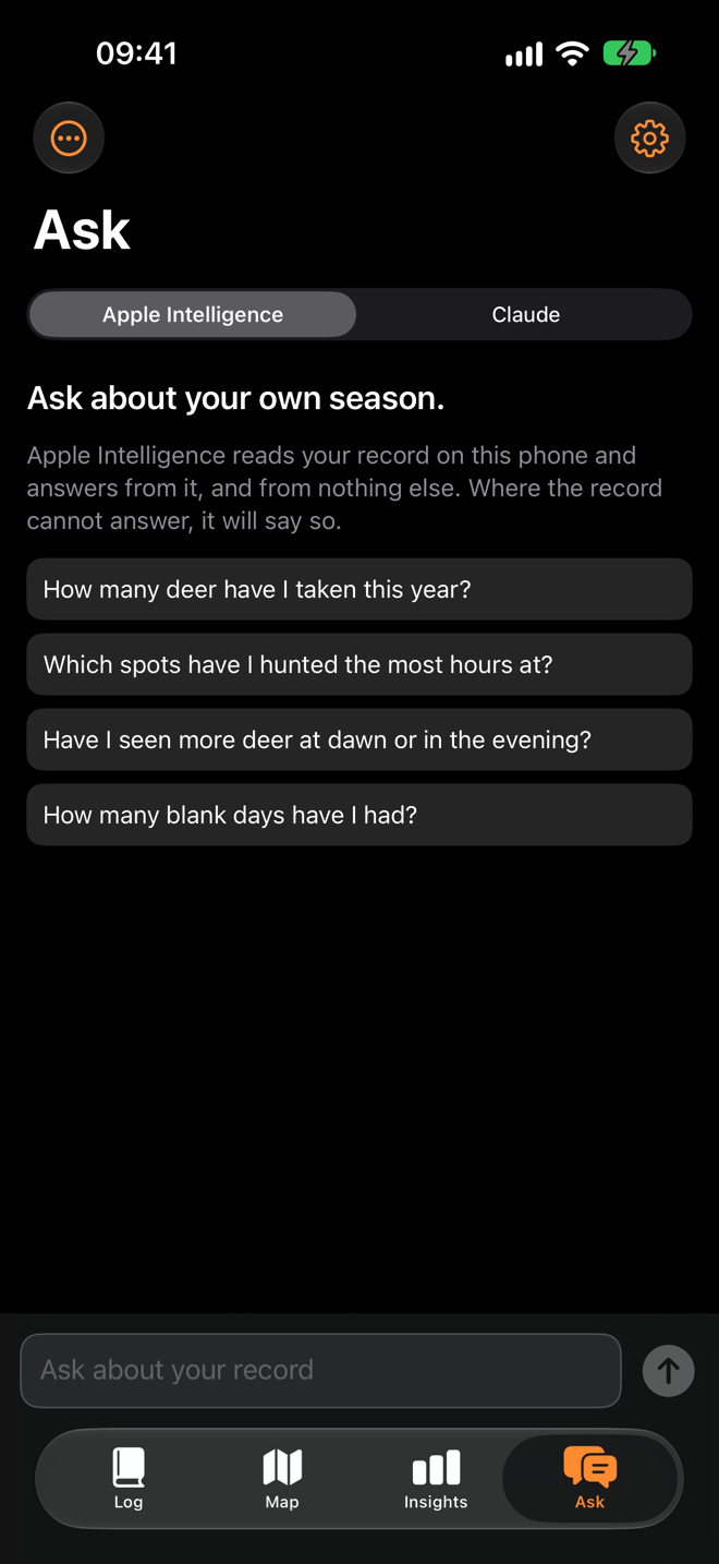 The Ask tab with Apple Intelligence selected and four suggested questions, such as how many deer have I taken this year and which spots have I hunted the most hours at.