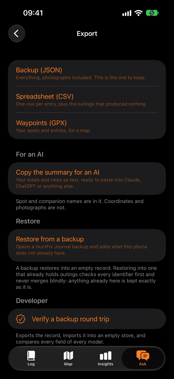 The Export screen: Backup (JSON), Spreadsheet (CSV) and Waypoints (GPX), a summary to copy for an AI, and Restore from a backup.