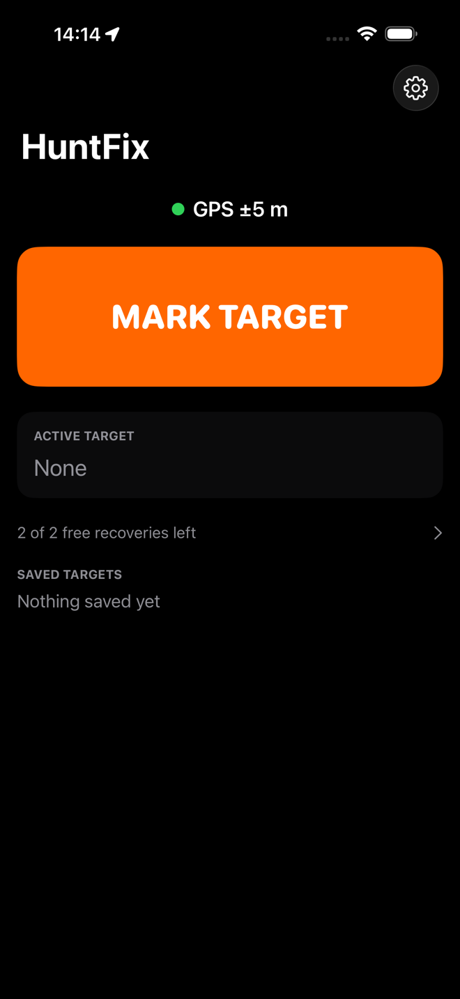 The HuntFix home screen showing GPS accuracy and a full-width MARK TARGET button.