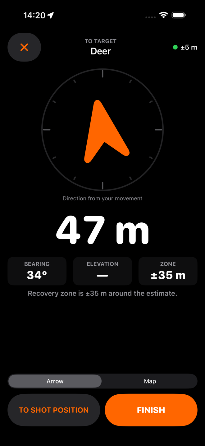 The navigation screen inside a hundred metres showing the recovery zone radius.