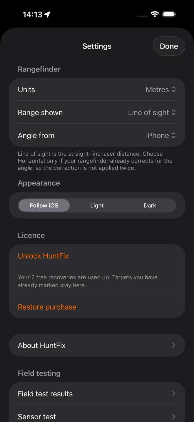 The HuntFix settings screen.