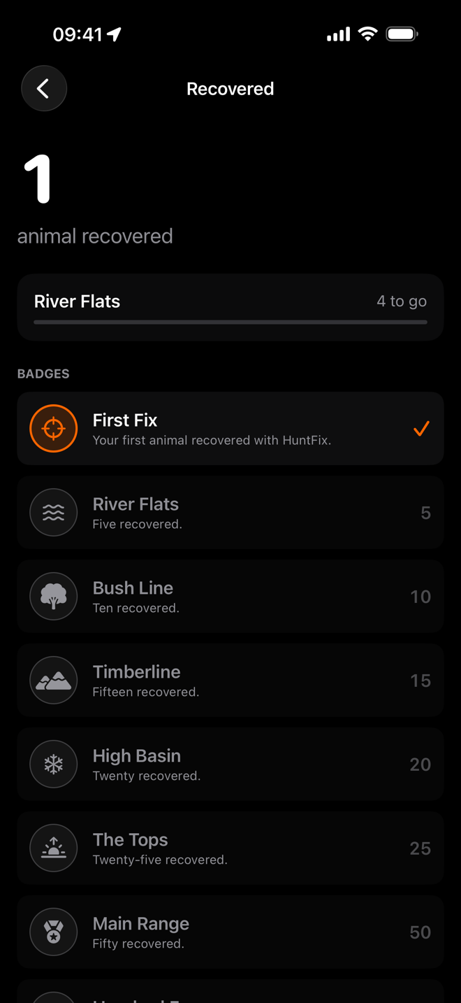 The Recovered screen showing one animal recovered, the First Fix badge earned, and the ladder of badges above it.