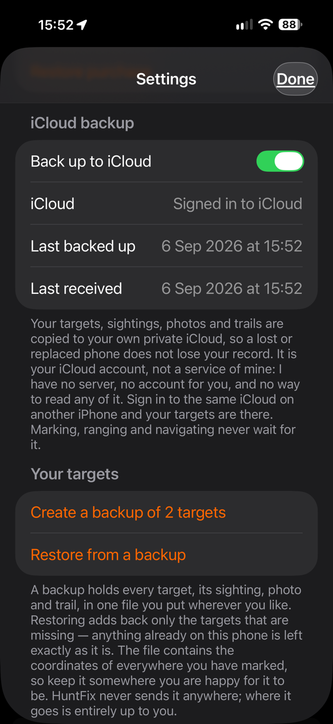 The iCloud backup section of Settings, showing the switch on, signed in to iCloud, and the times of the last backup and the last change received.